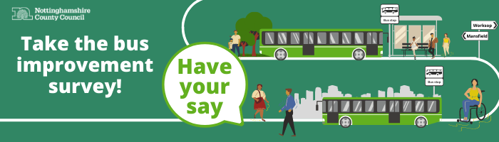 illustrations of a bus and people. Image text reads take part in the bus survey. Have your say
