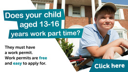 An image of a teenage boy on a paper round. Text says: does your child aged 13-16 years work part time? They must have a work permit.