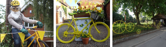 Woodborough village dressed with bunting and yellow bikes