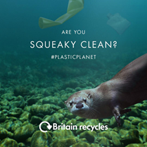 Photo of a sea otter under water with the text "Are you squeaky clean? #plastic planet"