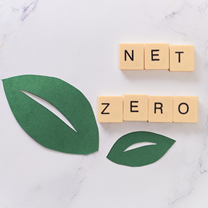 Scrabble tiles spelling out 'net zero' next to two green paper leaves