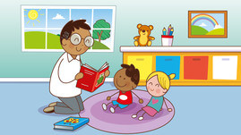 A cartoon illustration of a parent playing with children in a colourful room