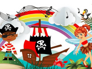 An illustrated pirate ship with a child pirate and fairy in front of rainbows