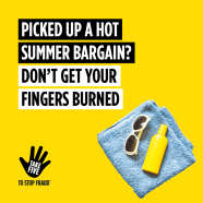 Photo of a yellow bottle and sunglasses on a towel. Text reads "Picked up a hot summer bargain? Don't get your fingers burned."