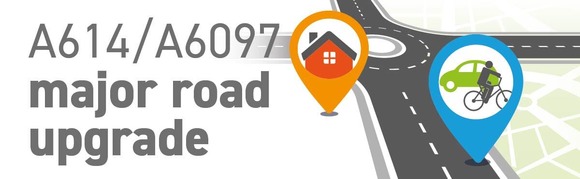 Graphic of simplified roundabout for the A614 scheme with map pins highlighting housing, cars and bikes