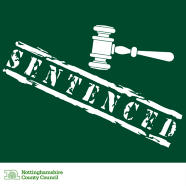 The word 'sentenced' with an icon of a gavel touching it. 