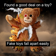 Found a good deal on a toy? Fake toys fall apart easy. Photo shows a very badly made teddy bear that is falling apart.