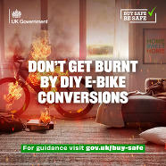 Don't get burnt by e-bike conversions. Accompanying photo shows an e-bike on fire inside a house.
