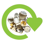 Selection of empty metal tins in the middle of a recycling logo