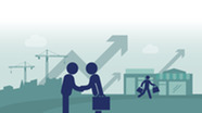 Cartoon figures shaking hands in front of arrows displaying economic growth.