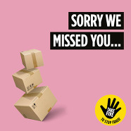 Photo of a pile of parcels with the accompanying text "Sorry we missed you". Take Five To Stop Fraud.