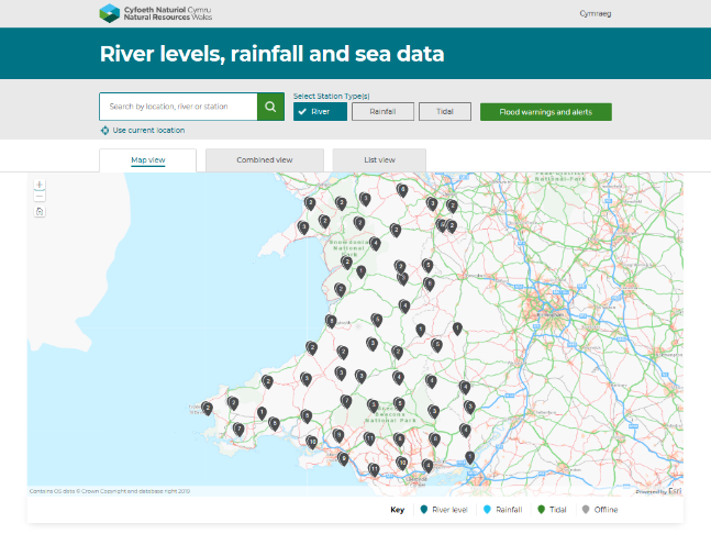 Screen shot of the new webpage for River levels, Rainfall and Sea Data 