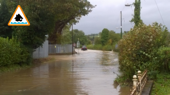 This photo shows impacts expected for a Flood Alert - flooded roads and flooding of farmland is expected.