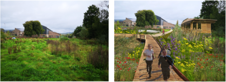 Artists impression of Bro Dinefwr School's new outdoor learning area - before and after