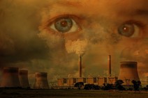 Photo edited picture of a child looking out over a factory and smoke