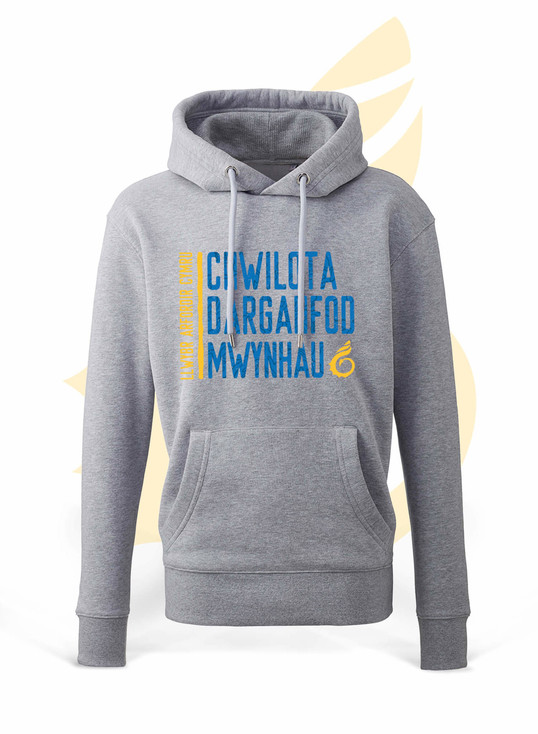 grey hoodie with Welsh writing on