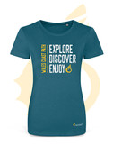 Fitted t-shirt with explore, discover and enjoy on ENG