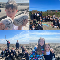 Montage of pictures of learners from Sully Primary School on a beach doing coastal learning