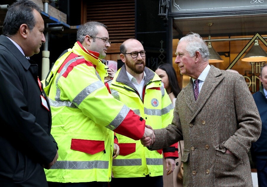 Prince Charles visits the town of Pontypridd, affected by recent floods in Wales, Britain, February 21, 2020. 