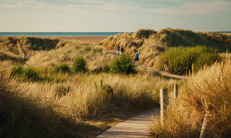people walking on a boardwalk in dunes