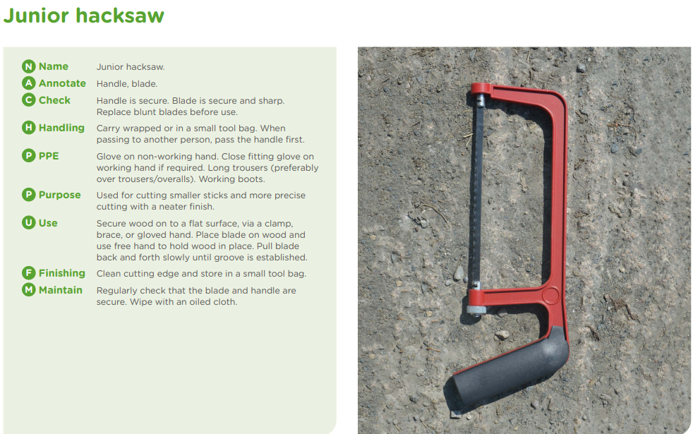 Picture and exlpanation card explaining safe tool - hacksaw