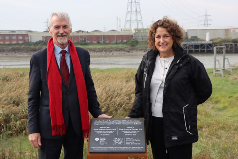Plaque for official opening of Stevenson Street scheme with Huw Irranca-Davies MS and Ceri Davies (acting Chief Executive) NRW
