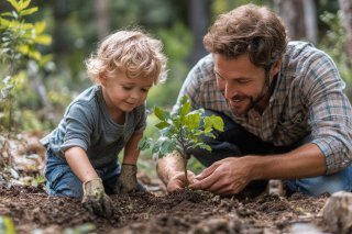 Father and son planting a tree
