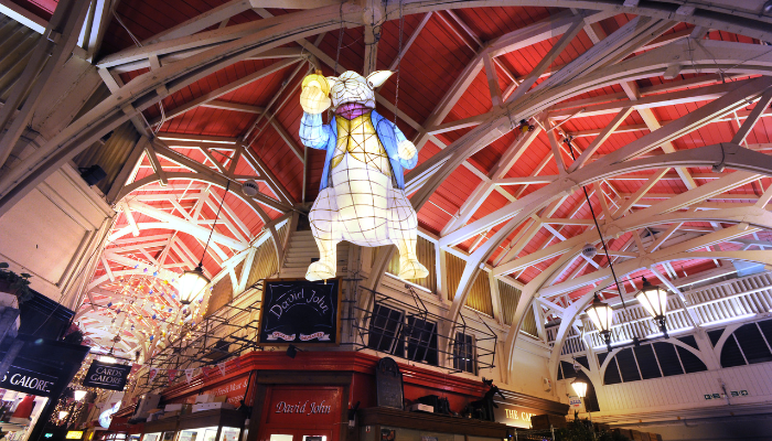 Interior of the Covered Market with iconic rabbit lantern in the centre. 