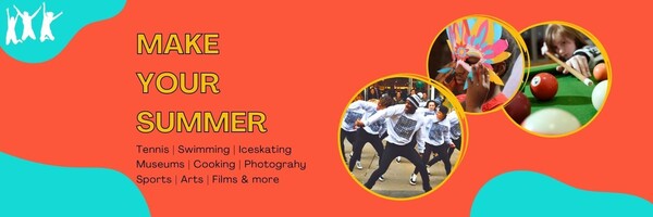 Make your summer graphic. Orange background with three small circle images of events and the words 'Make your summer' in bold text. 