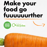 photograph of a long carrot with the text 'make your food go fuuuurther' 