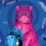 Illustration of pink cat with hypnotic eyes surrounded by electrical items