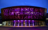 Census purple light up - Wales Millennium Centre lit up in purple