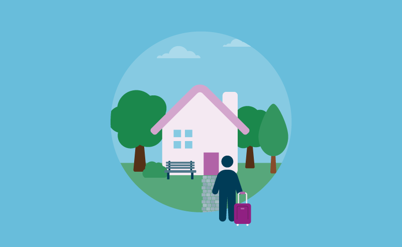 A graphic showing a person holding a small suitcase standing in front of a path to a detached house surrounded by trees