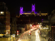 Lincoln Cathedral lit up in purple for Census