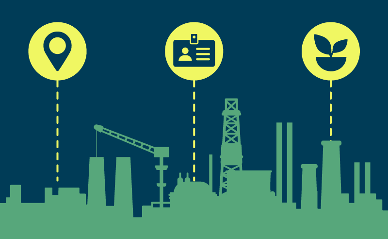 A graphic with an outline of an industrial landscape overlaid with three icons representing location, occupation and nature