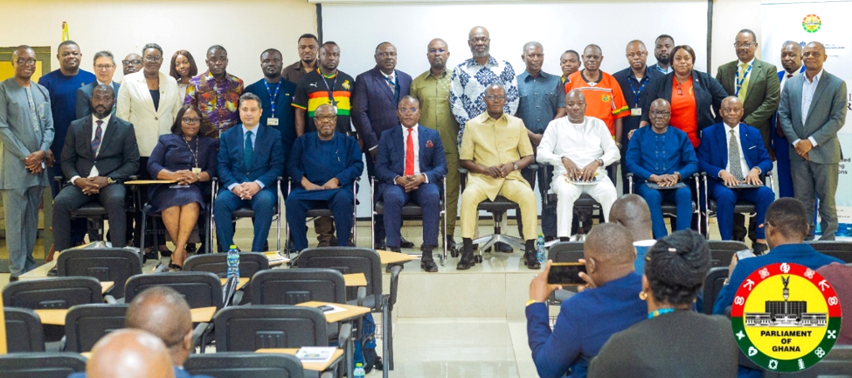 ONS delegates Tim Harris, Angelica Allotey and William Barnes with parliamentarians and participants at the Ghana Data Masterclass