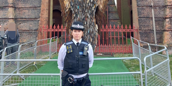 Insp Mirrington- French in front of Knife angel