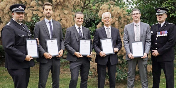 Tony Atkin, Daniel D’Arcy, Sean Sheppard, Paul Clark and Jonathan Ward with Chief Constable Ben-Julian Harrington.