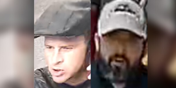 CCTV images of two men. One is wearing a brown cap and is clean shaven; the other is wearing a white peaked cap with dark logo and has a full beard