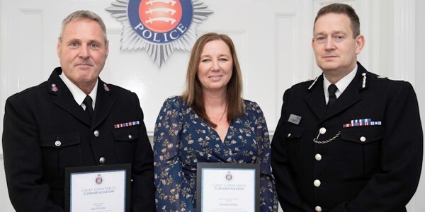 PC Dave Bridge and Samantha Bridge with Chief Constable Ben-Julian Harrington