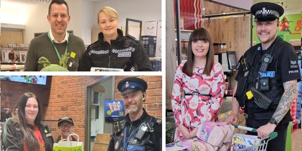 Officers with member of staff from Morrisons, Co-op and BP handing over gifts for Christmas campaign