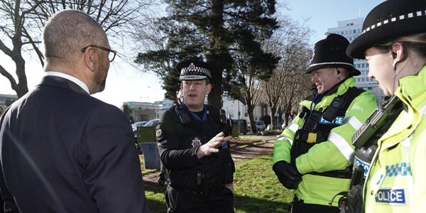 Chief Constable BJ Harrington with Home Secretary James Cleverly, Southend Sergeant James Mint and PC Amelia Thorne