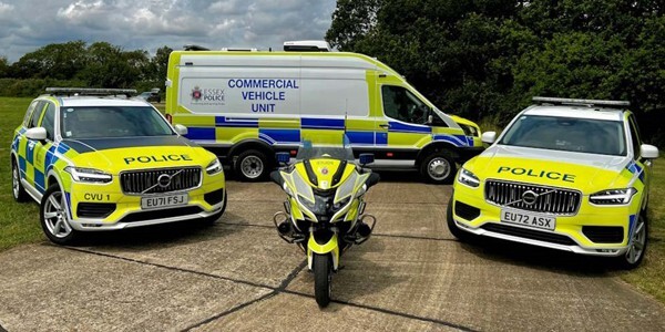 Two patrol cars, a motorcycle and van from the Commercial Vehicle Unit