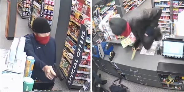 Images from video CCTV showing the two armed robbers. One with a gun and the other with a knife.