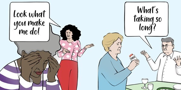 Illustrations of elder abuse - blaming and making excuse for behaviour. "Look what you made me do!" and "What's taking so long?".