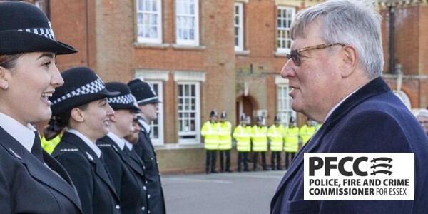 Police Fire and Crime Commissioner Roger Hirst talking to new police recruits as a recent passing out parade