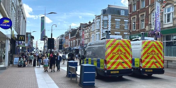 Two Live Facial Recognition vans parked in the High Street in Southend