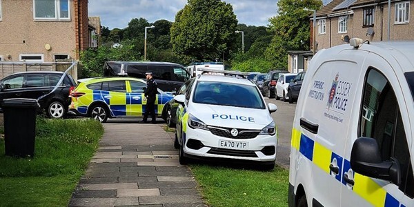 Police vehicles and an officer at Joyners Field in Harlow