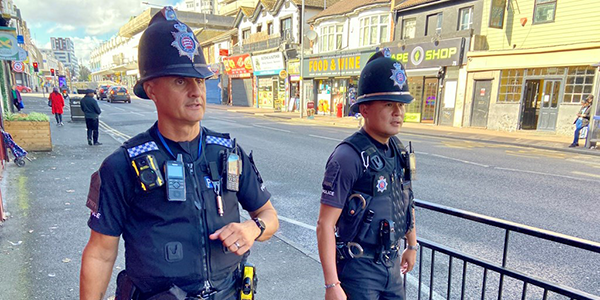 Uniformed police officers on patrol in Southend