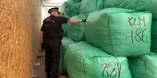 Officer examining large green bags of clothing